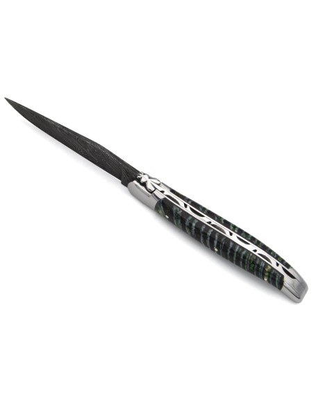 Laguiole mit Label GA, 12 cm aus grünem Mammutmolar, wildem Damast