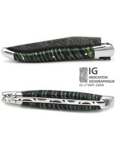 Laguiole mit Label GA, 12 cm aus grünem Mammutmolar, wildem Damast