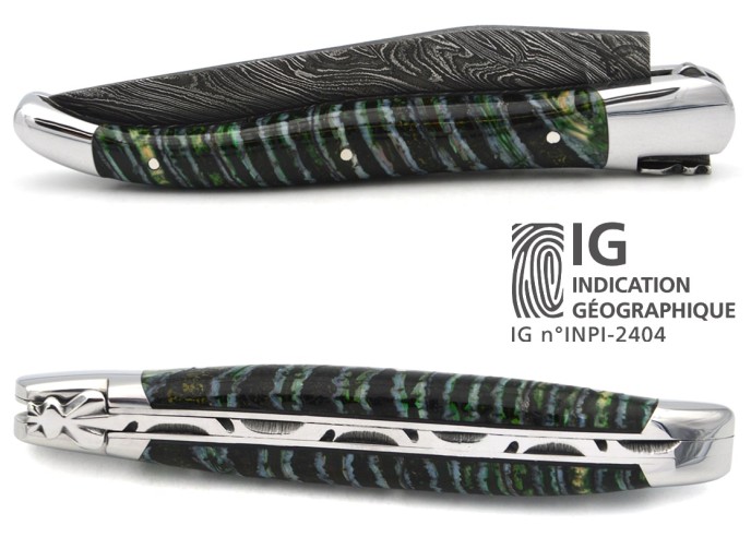 Laguiole with GI, 12cm green mammoth molar handle, wild Damascus steel