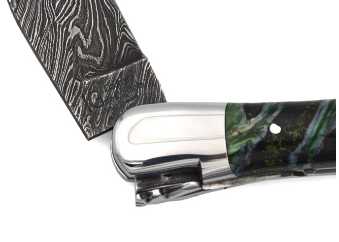Laguiole with GI, 12cm green mammoth molar handle, wild Damascus steel
