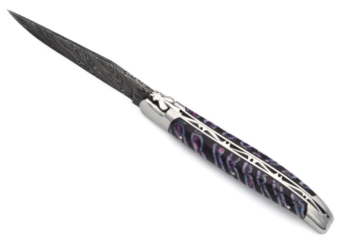 Laguiole mit Label GA, 12 cm aus violettem Mammutmolar, wildem Damast