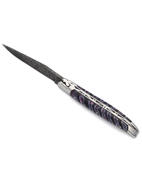 Laguiole mit Label GA, 12 cm aus violettem Mammutmolar, wildem Damast