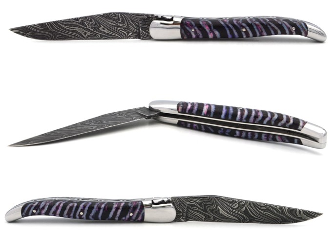 Laguiole mit Label GA, 12 cm aus violettem Mammutmolar, wildem Damast