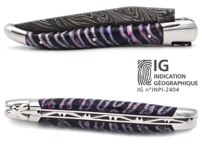 Laguiole mit Label GA, 12 cm aus violettem Mammutmolar, wildem Damast