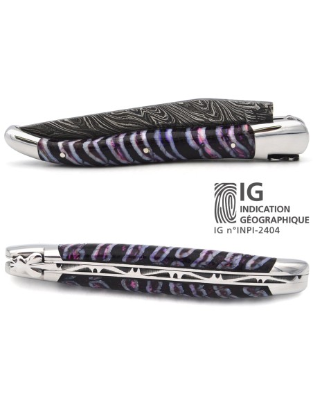 Laguiole mit Label GA, 12 cm aus violettem Mammutmolar, wildem Damast