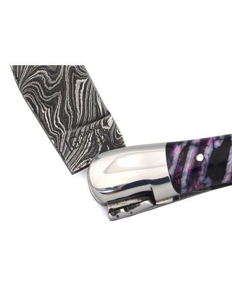 Laguiole mit Label GA, 12 cm aus violettem Mammutmolar, wildem Damast