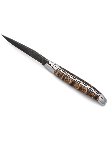 Laguiole with GI, 12cm brown mammoth molar handle, wild Damascus steel