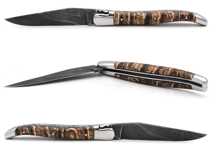 Laguiole with GI, 12cm brown mammoth molar handle, wild Damascus steel