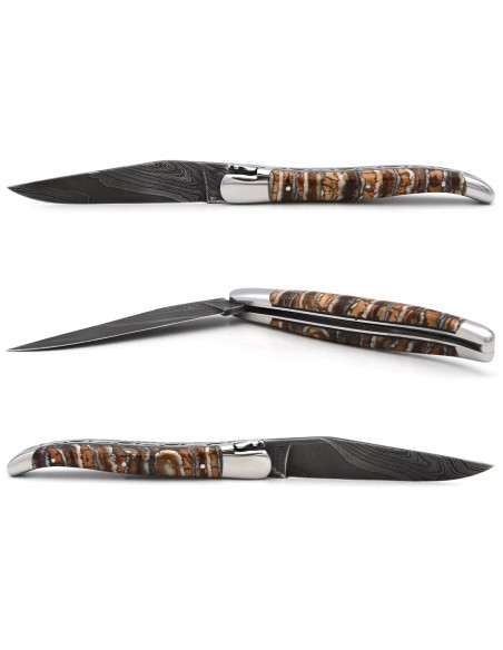 Laguiole with GI, 12cm brown mammoth molar handle, wild Damascus steel