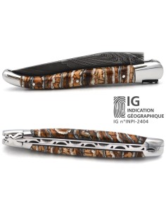 Laguiole mit Label GA, 12 cm aus braunem Mammutmolar, wildem Damast