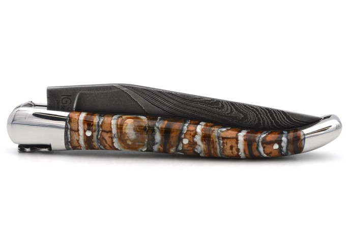 Laguiole with GI, 12cm brown mammoth molar handle, wild Damascus steel