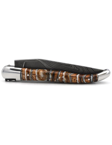 Laguiole with GI, 12cm brown mammoth molar handle, wild Damascus steel