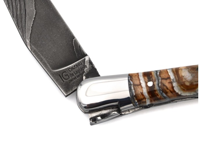 Laguiole mit Label GA, 12 cm aus braunem Mammutmolar, wildem Damast