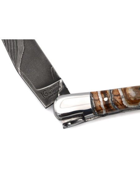 Laguiole mit Label GA, 12 cm aus braunem Mammutmolar, wildem Damast