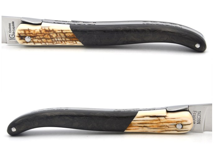 Couteau de Laguiole labellisé IG en fibre de carbone avec une fausse mitre en mammouth avec croûte, abeille et ressort lisses