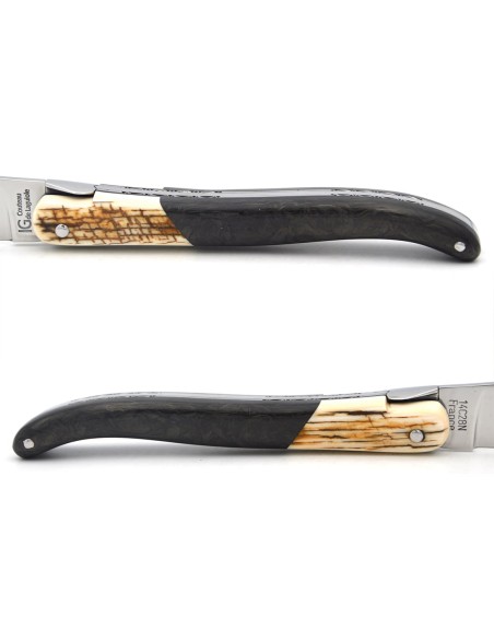 Laguiole-Messer mit geografischer Angabe, 12 cm Carbonfasergriff mit Frontzwinge aus Mammutkruste, glänzendes Finish