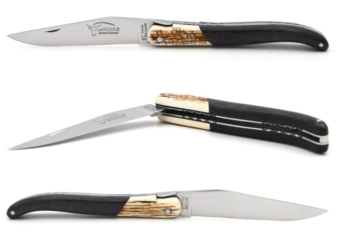 Laguiole knife with Geographical Indication label, 12 cm carbon fiber handle with a mammoth crust front bolster, shiny finish