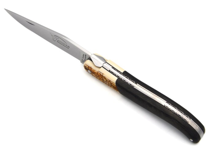 Laguiole knife with Geographical Indication label, 12 cm carbon fiber handle with a mammoth crust front bolster, shiny finish