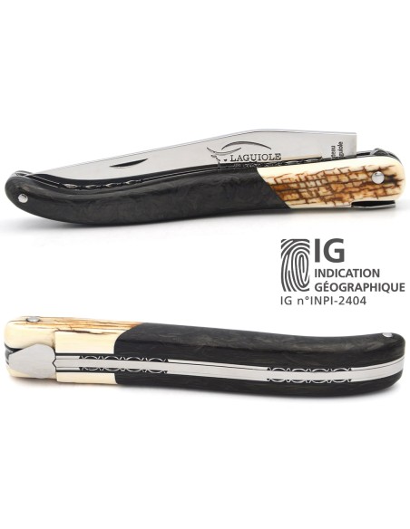 Laguiole knife with Geographical Indication label, 12 cm carbon fiber handle with a mammoth crust front bolster, shiny finish