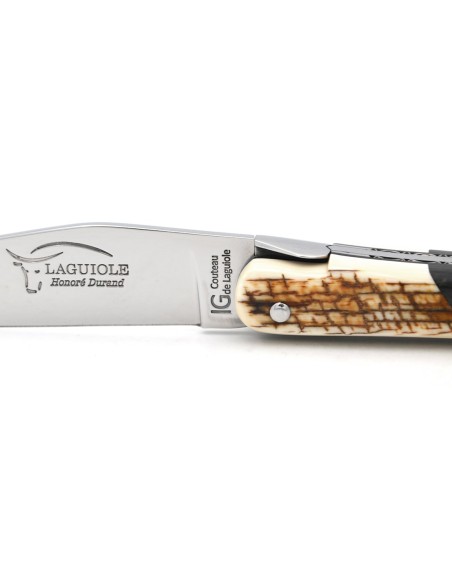 Laguiole-Messer mit geografischer Angabe, 12 cm Carbonfasergriff mit Frontzwinge aus Mammutkruste, glänzendes Finish