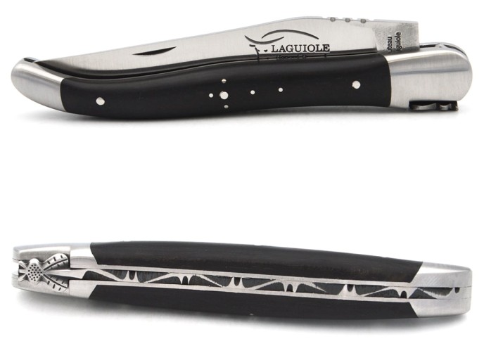 Laguiole knife with GI label, 12 cm ebony wood handle, classic bee n°1