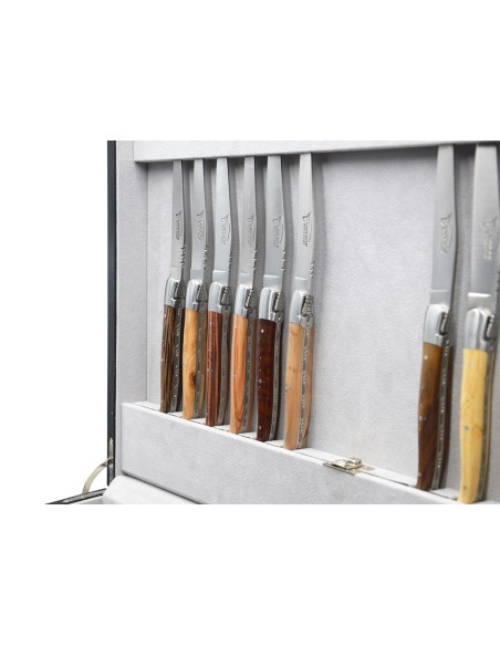 Traditionell Laguiole-Besteckservices, 48 Stücke, Heftbacken aus glänzendem Edelstahl, Griff aus Verschiedene Holzarten