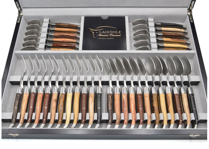 Traditionell Laguiole-Besteckservices, 48 Stücke, Heftbacken aus glänzendem Edelstahl, Griff aus Verschiedene Holzarten