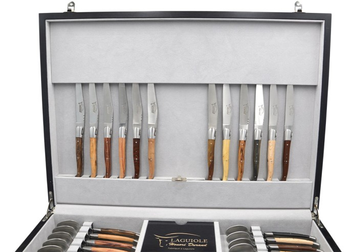 Traditionell Laguiole-Besteckservices, 48 Stücke, Heftbacken aus glänzendem Edelstahl, Griff aus Verschiedene Holzarten
