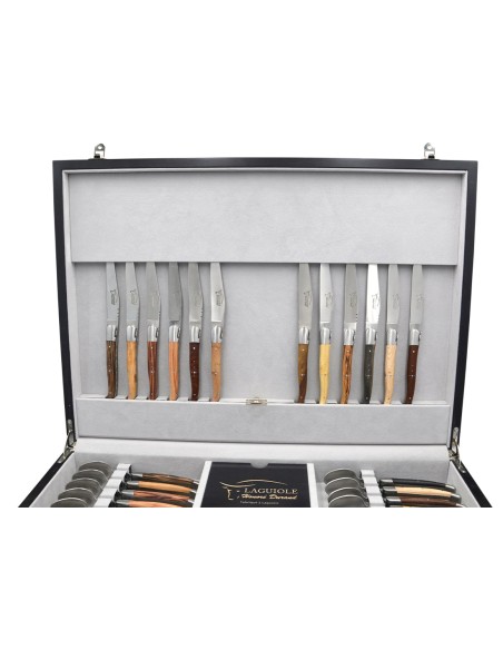 Traditionell Laguiole-Besteckservices, 48 Stücke, Heftbacken aus glänzendem Edelstahl, Griff aus Verschiedene Holzarten