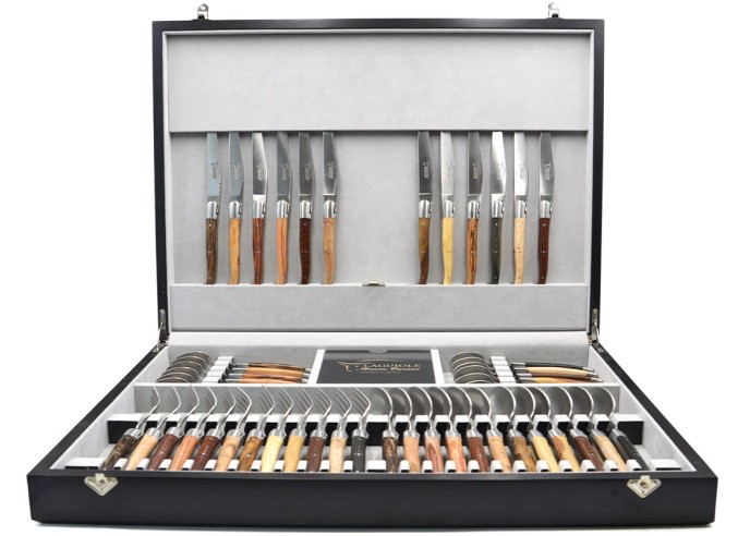 Traditionell Laguiole-Besteckservices, 48 Stücke, Heftbacken aus glänzendem Edelstahl, Griff aus Verschiedene Holzarten