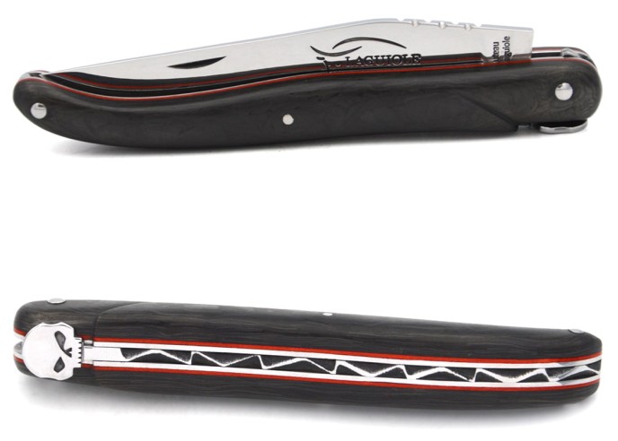 Laguiole GI, full handle in carbon fibre with red spacer, skull n°1