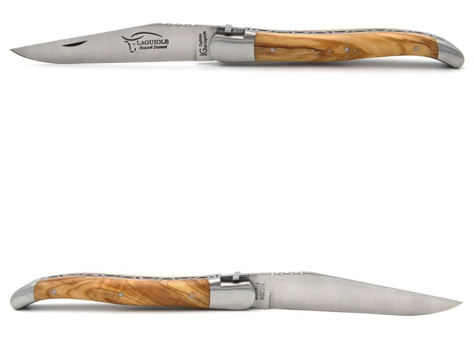 Laguiole knife with GI label, olive wood handle, Latin cross