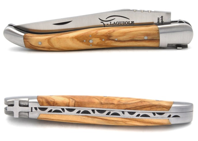 Laguiole knife with GI label, olive wood handle, Latin cross