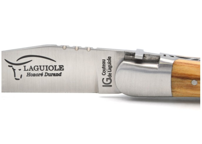 Laguiole knife with GI label, olive wood handle, Latin cross