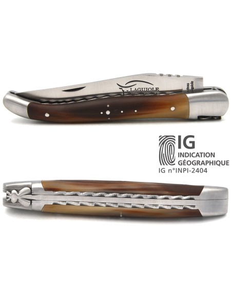 12 cm dark horn tip handle, chiseled double plates, smooth spring