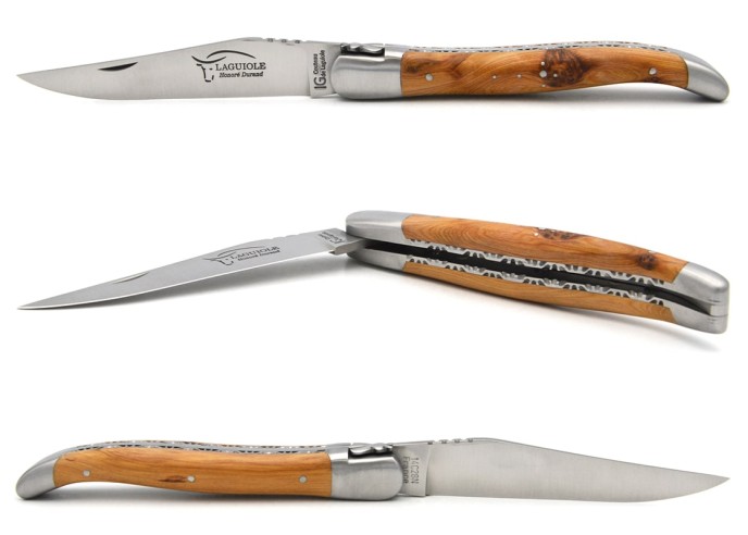 Laguiole 12 cm juniper handle, chiseled double plates, smooth spring
