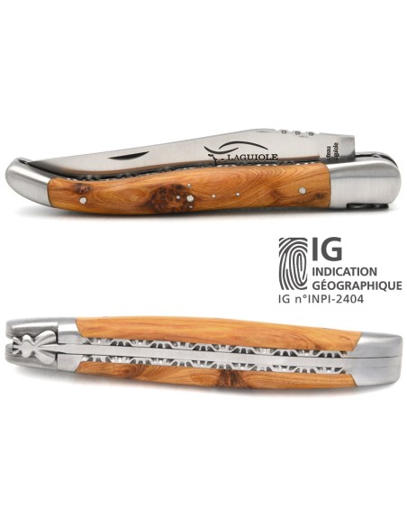 Laguiole 12 cm juniper handle, chiseled double plates, smooth spring