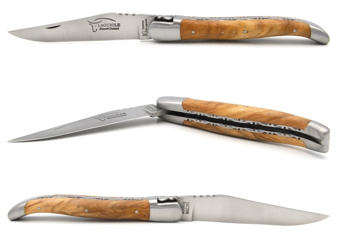 Laguiole 12 cm olive wood handle, chiseled double plates, smooth spring