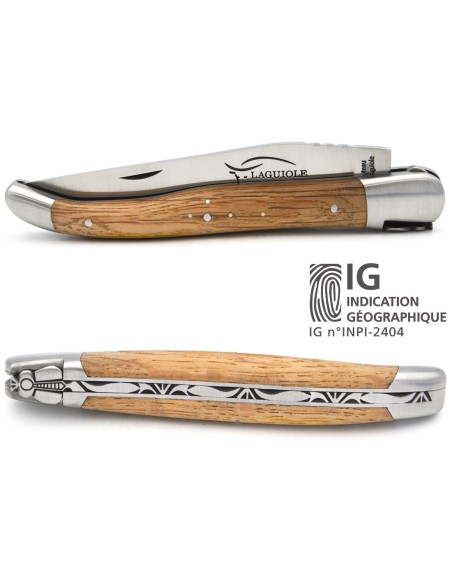 Couteau de Laguiole labellisé IG en chêne de barrique, manche de 12 cm