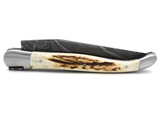 Laguiole knife with GI, 12 cm deer antler handle, wild Damascus blade