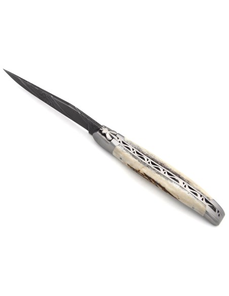 Laguiole knife with GI, 12 cm deer antler handle, wild Damascus blade