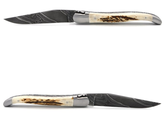 Laguiole knife with GI, 12 cm deer antler handle, wild Damascus blade