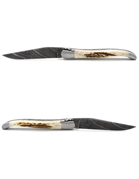 Laguiole mit Label GA, 12 cm aus Hirschgeweih, wildem Damast Klinge