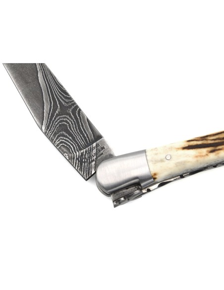 Laguiole knife with GI, 12 cm deer antler handle, wild Damascus blade