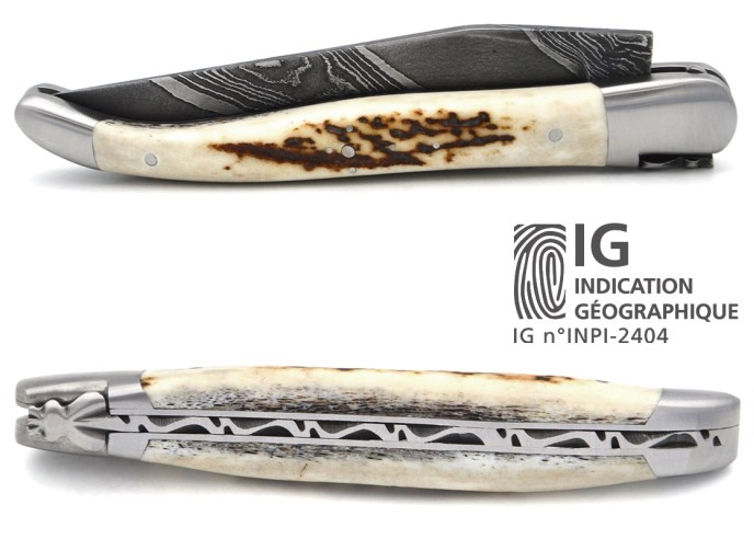 Laguiole knife with GI, 12 cm deer antler handle, wild Damascus blade