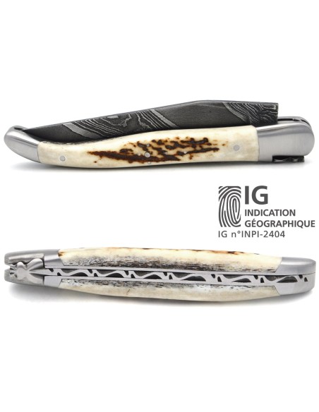 Laguiole knife with GI, 12 cm deer antler handle, wild Damascus blade