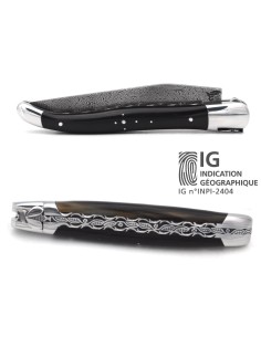 Laguiole 12cm, Damast Klinge, Biene und Feder mit Meißel handziseliert, Griff aus Hornspitze