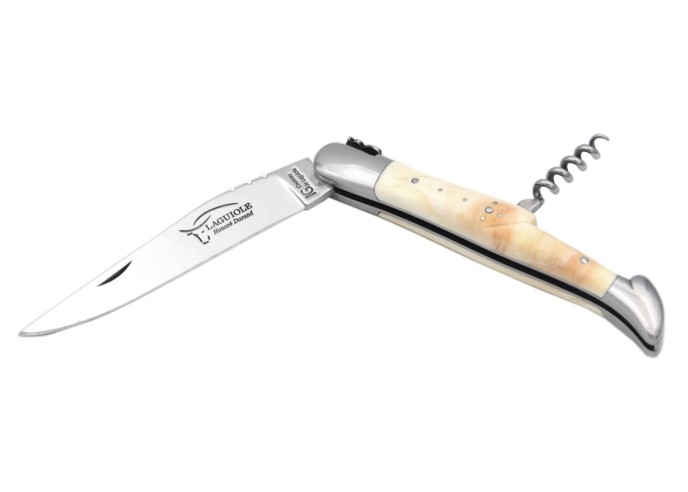 Couteau de Laguiole labellisé indication géographique en Phacochère avec tire-bouchon, manche de 12 cm, finition inox brillant