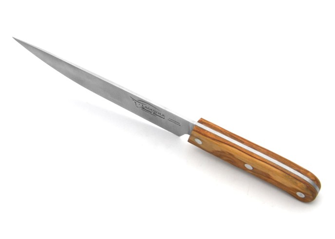 Couteau demi-chef fabriqué à Laguiole, manche de 10 cm en bois d'olivier avec finition inox mat