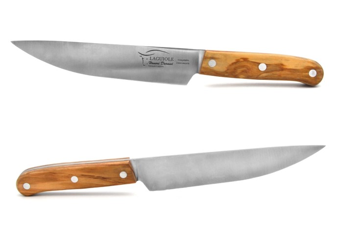 Half-chef knife, made in Laguiole, with an olive wood handle and a matt stainless steel finish
